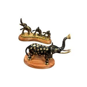 2 Vintage Lucky Elephant Sculptures Brass w/ Wood Base Ornates